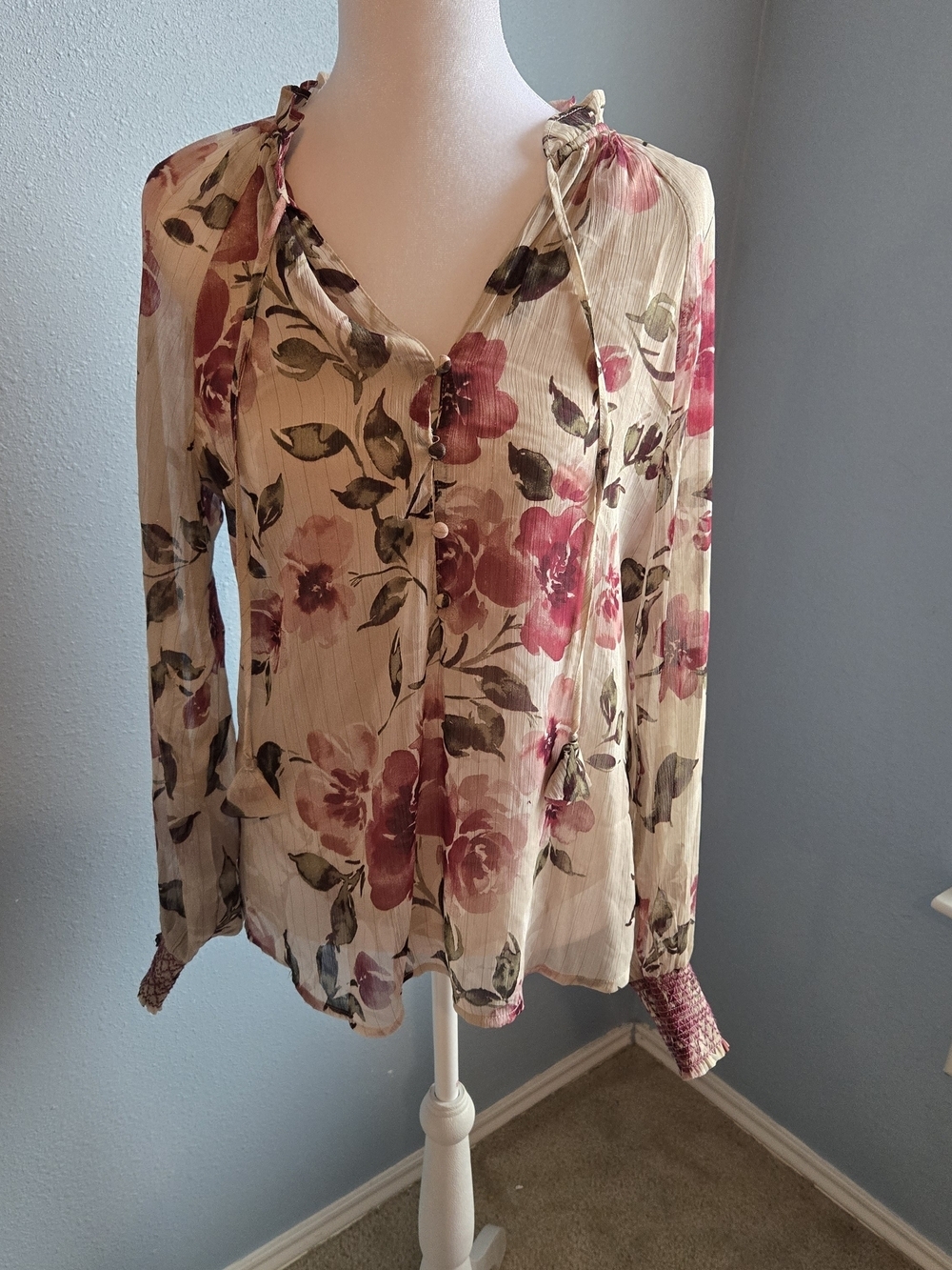 Joie Floral Cream Blouse with Pink and Green Accents